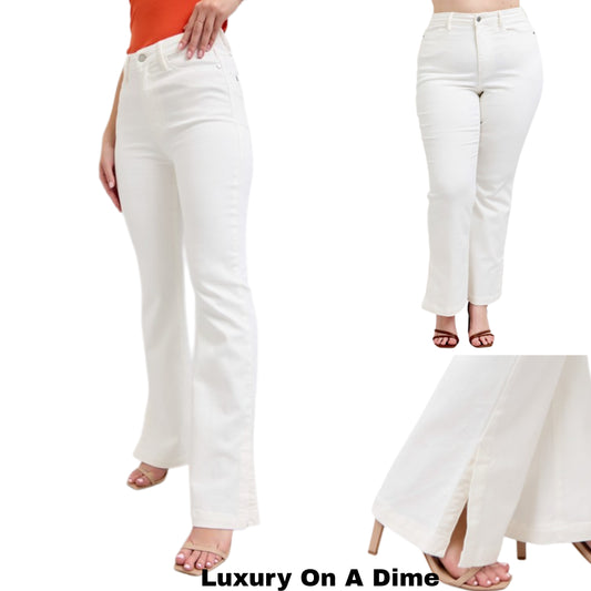 Judy Blue Tummy Control High-Rise Slit Hem Bootcut Slim Fit Jeans Denim Pants Plus Size Available