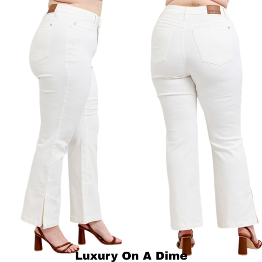 Judy Blue Tummy Control High-Rise Slit Hem Bootcut Slim Fit Jeans Denim Pants Plus Size Available