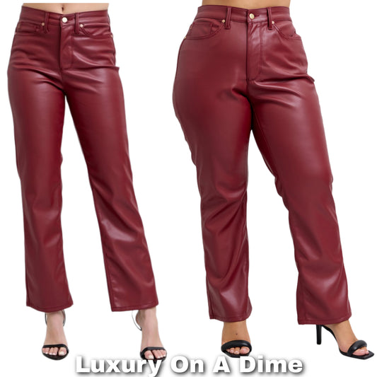 Judy Blue Tummy Control High-Rise Vegan Faux Leather Slim Fit Straight Leg Pants Plus Size Available