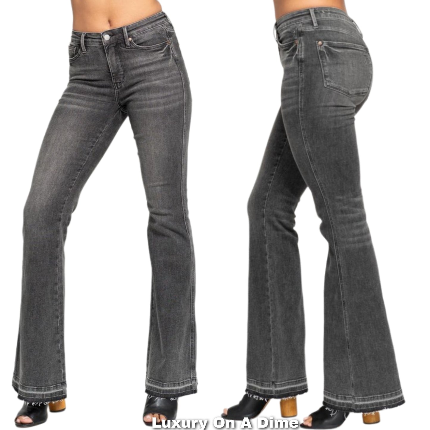Judy Blue Tummy Control Mid-Rise Slim Fit Flare Leg Raw Hem Pants Denim Jeans Plus Size Available