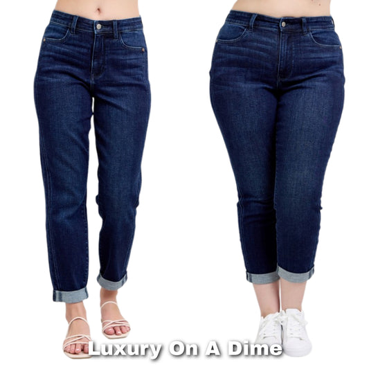 Judy Blue High-Rise Boyfriend Jeans Cuffed Straight Leg Relaxed Denim Pants Plus Size Available
