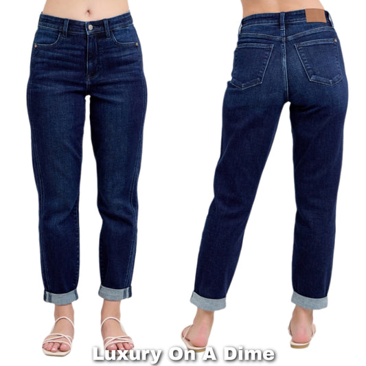 Judy Blue High-Rise Boyfriend Jeans Cuffed Straight Leg Relaxed Denim Pants Plus Size Available