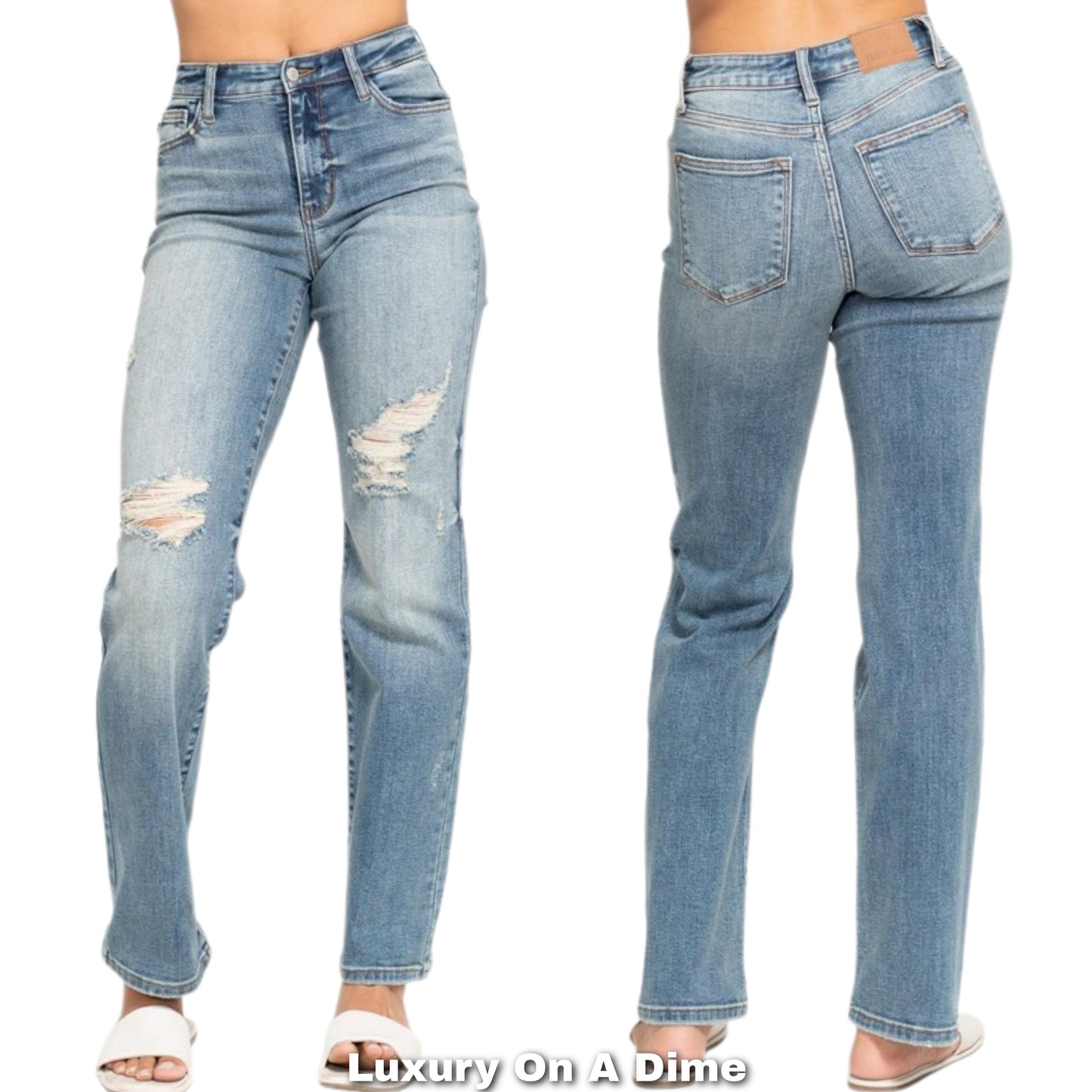 Judy Blue High-Rise Dad Jeans Straight Leg Distressed Boyfriend Denim Pants Plus Size Available