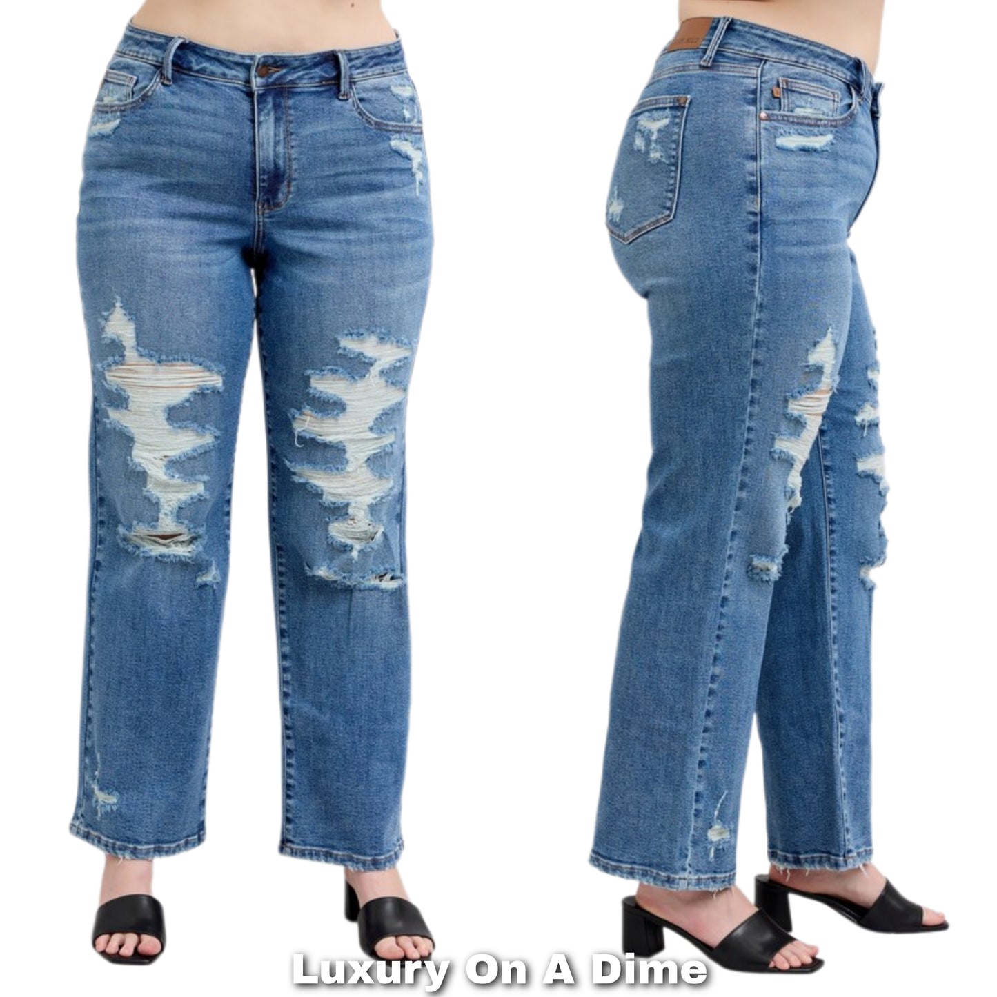 Judy Blue High-Rise Distressed Straight Leg Torn Holes Slim Fit Jeans Denim Pants Plus Size Available