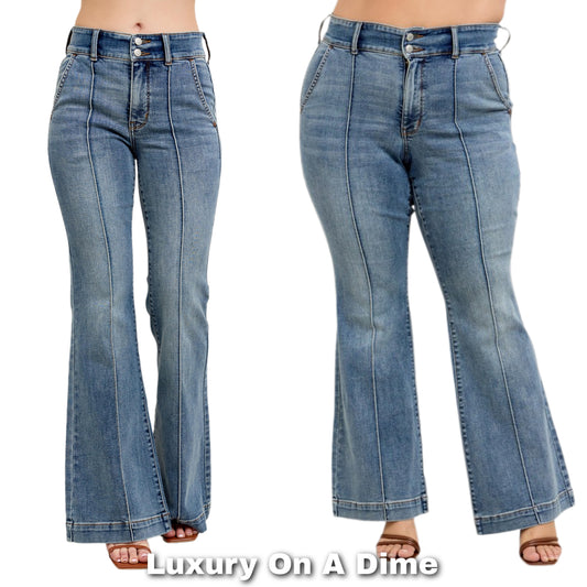 Judy Blue High-Rise Double Button Vertical Seam Slim Fit Jeans Flare Denim Pants Plus Size Available
