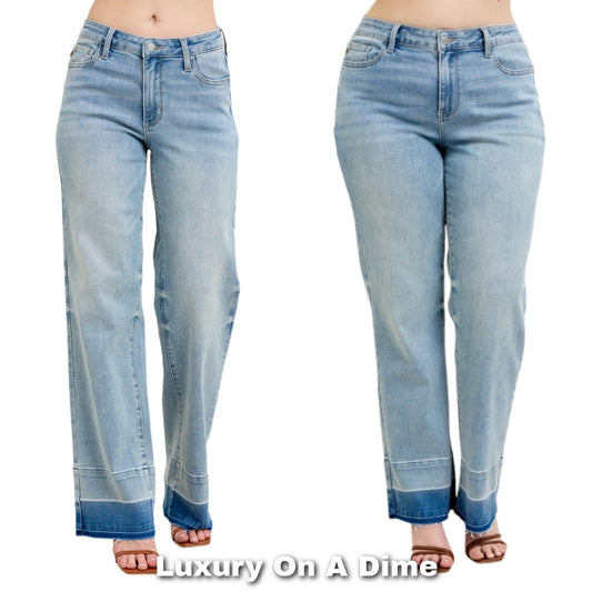 Judy Blue Mid-Rise Relaxed Boyfriend Wide Leg Jeans Released Raw Hem Denim Pants Plus Size Available