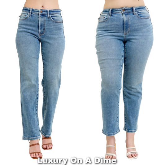 Judy Blue Retro High-Rise Waist Slim Fit Jeans Classic Straight Leg Denim Pants Plus Size Available