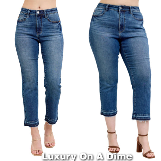 Judy Blue High-Rise Cropped Released Raw Hem Flare Pants Denim Slim Fit Jeans Plus Size Available