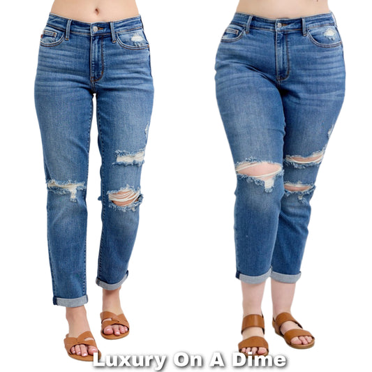 Judy Blue Mid-Rise Boyfriend Distressed Jeans Straight Leg Cuffed Denim Pants Plus Size Available