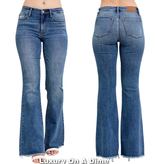 Judy Blue Mid-Rise Slim Fit Flare Leg Raw Cut Distressed Hem Pants Denim Jeans Plus Size Available