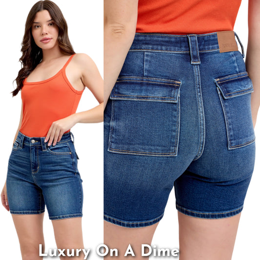 Judy Blue High-Rise Slim Fit Retro 90s Flap Pocket Denim Jean Bermuda Shorts Plus Size Available