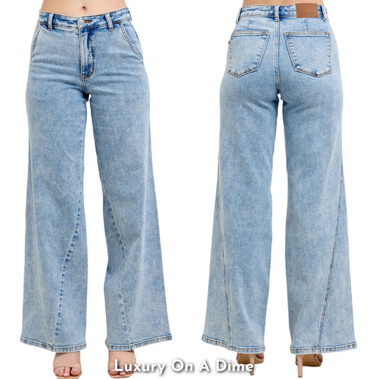 Judy Blue High-Rise Boyfriend Jeans Ultra Wide Leg Panel Relaxed 90s Denim Pants Plus Size Available