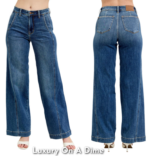 Judy Blue High-Rise Boyfriend Jeans Ultra Wide Leg Panel Relaxed 90s Denim Pants Plus Size Available