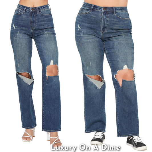 Judy Blue High-Rise Dad Jeans Straight Leg Distressed Torn Knee Denim Pants Plus Size Available