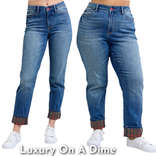 ﻿Judy Blue Red Plaid Cuffed Mid-Rise Skinny Denim Boyfriend Jeans Ankle Pants Plus Size Available