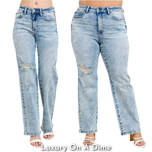 Judy Blue High-Rise Jeans 90s Distressed Mineral Wash Straight Leg Denim Pants Plus Size Available