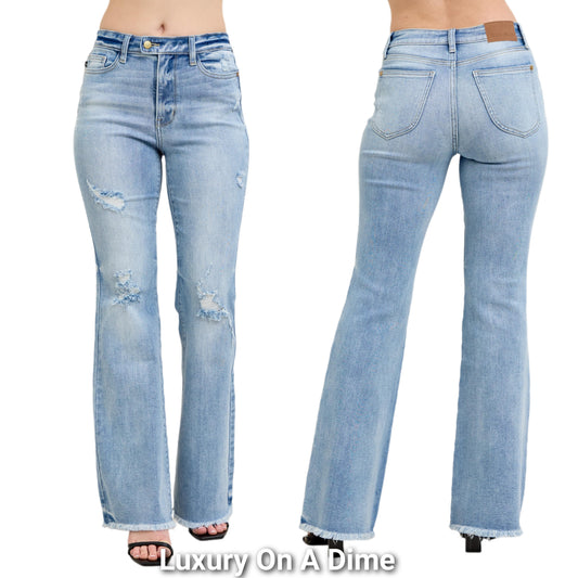 Judy Blue High-Rise Slim Fit Flare Leg Pants Distressed Hole Torn Denim Jeans Plus Size Available