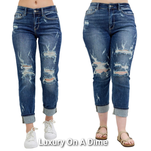 Judy Blue Mid-Rise Boyfriend Distressed Jeans Straight Leg Cuffed Denim Pants Plus Size Available