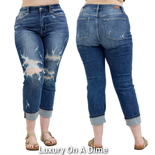 Judy Blue Mid-Rise Boyfriend Distressed Jeans Straight Leg Cuffed Denim Pants Plus Size Available