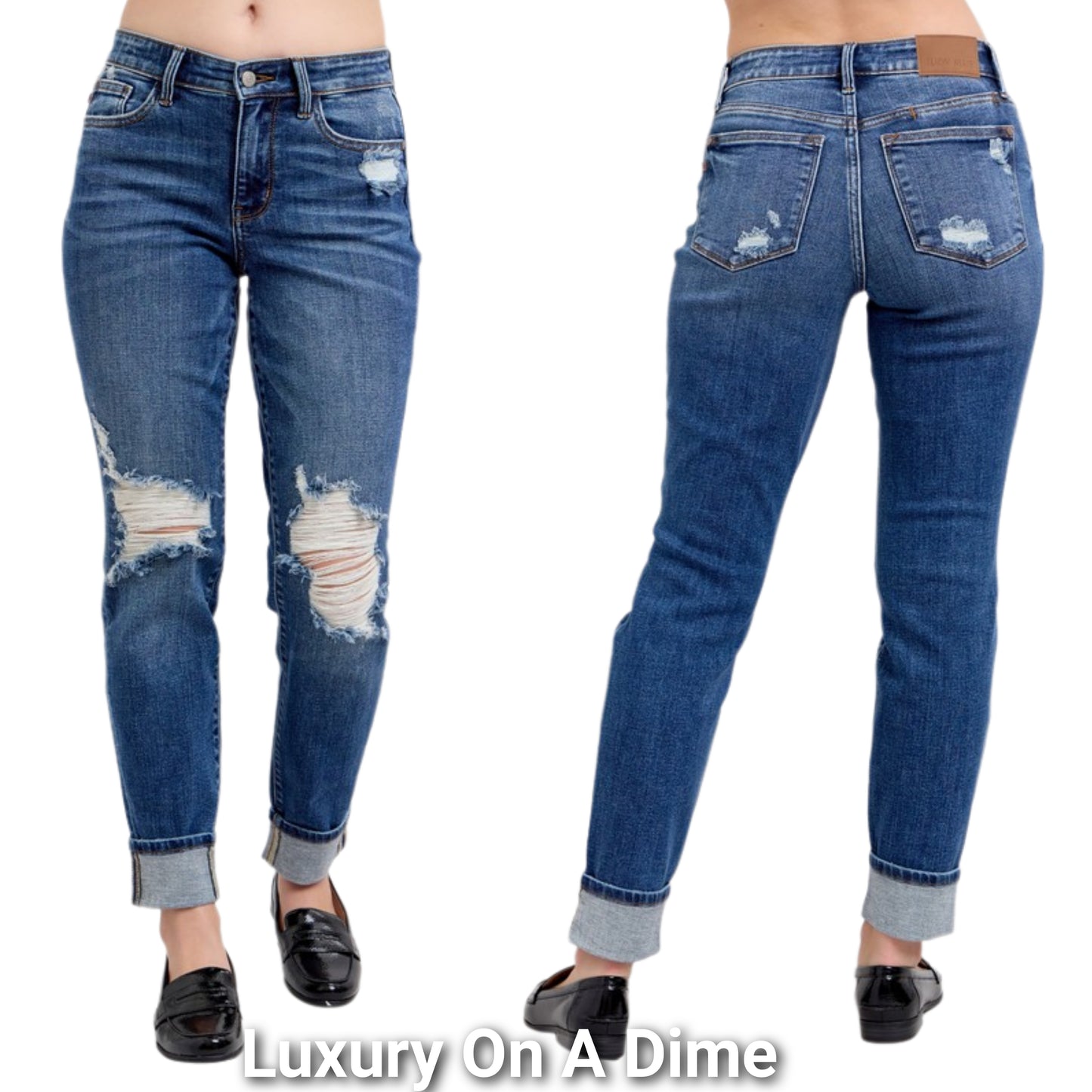Judy Blue Mid-Rise Boyfriend Distressed Jeans Straight Leg Cuffed Denim Pants Plus Size Available