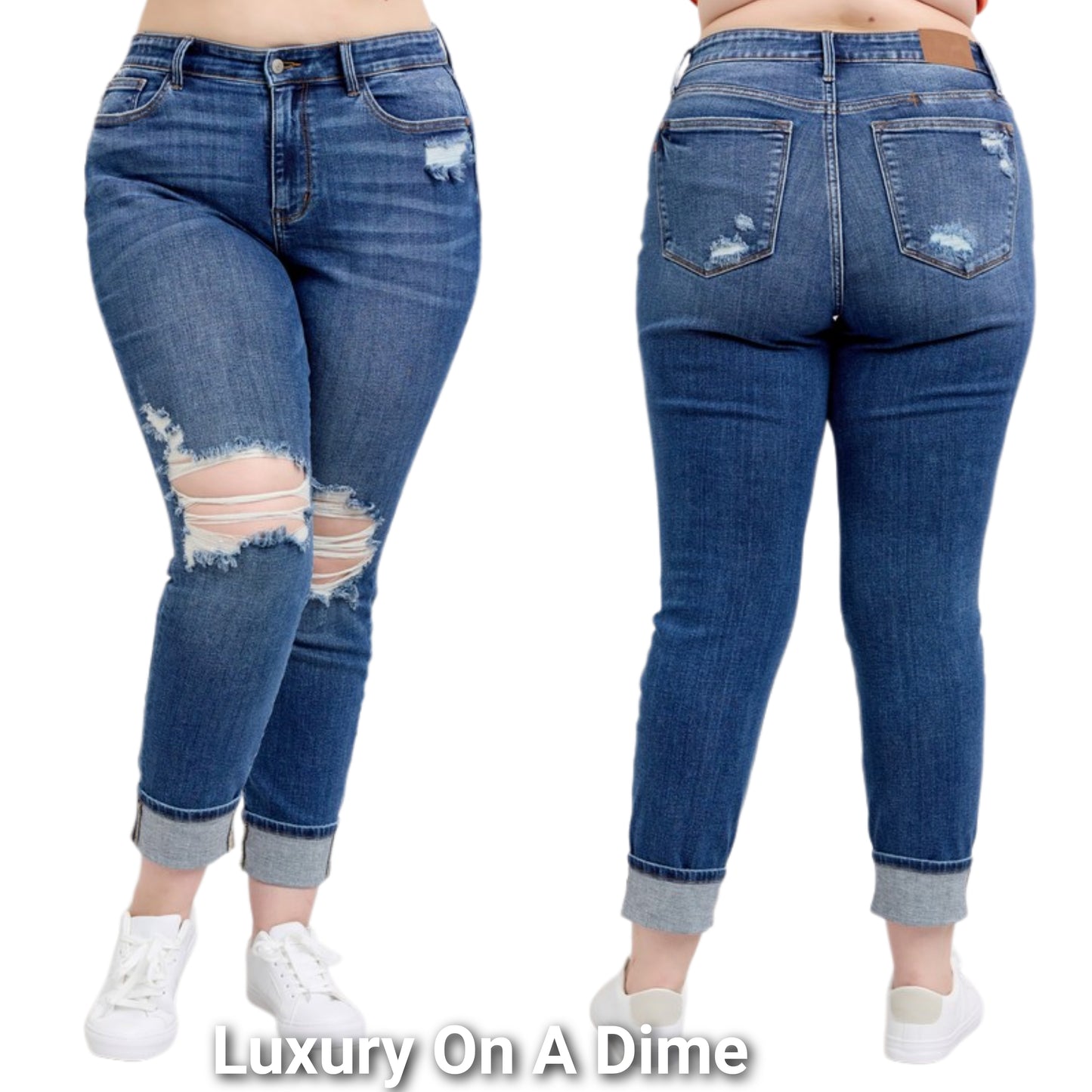Judy Blue Mid-Rise Boyfriend Distressed Jeans Straight Leg Cuffed Denim Pants Plus Size Available