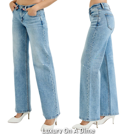 RISEN Low-Rise Waist Distressed Boyfriend Jeans Wide Leg Ankle Hem Denim Pants Plus Size Available