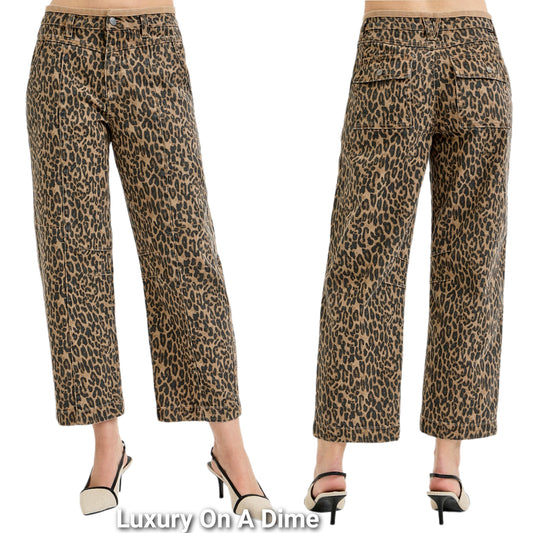 RISEN Leopard Mid-Rise Relaxed Fit Cropped Wide Leg Mom Jeans Denim Pants Plus Size Available