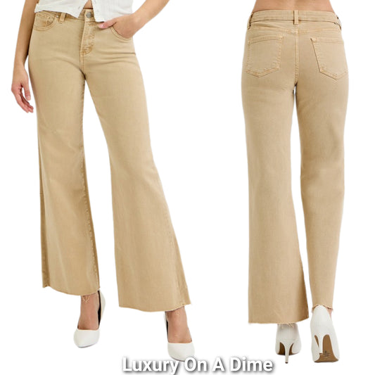 RISEN Low-Rise Retro 70s Wide Leg Pants Cut-off Frayed Raw Hem Khaki Denim Jeans Plus Size Available