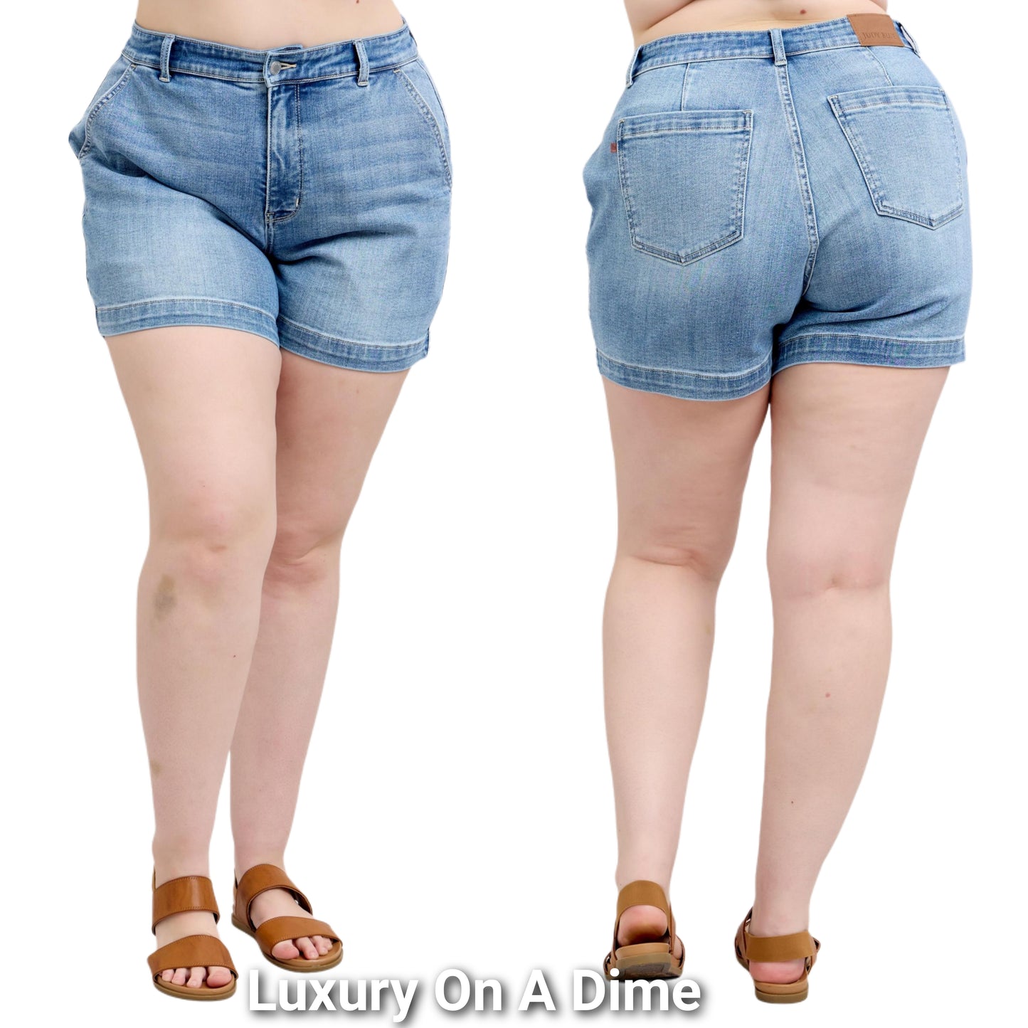 Judy Blue High-Rise Relaxed Boyfriend Fit Jean Mid-length Slit Pocket Denim Shorts Plus Size Only