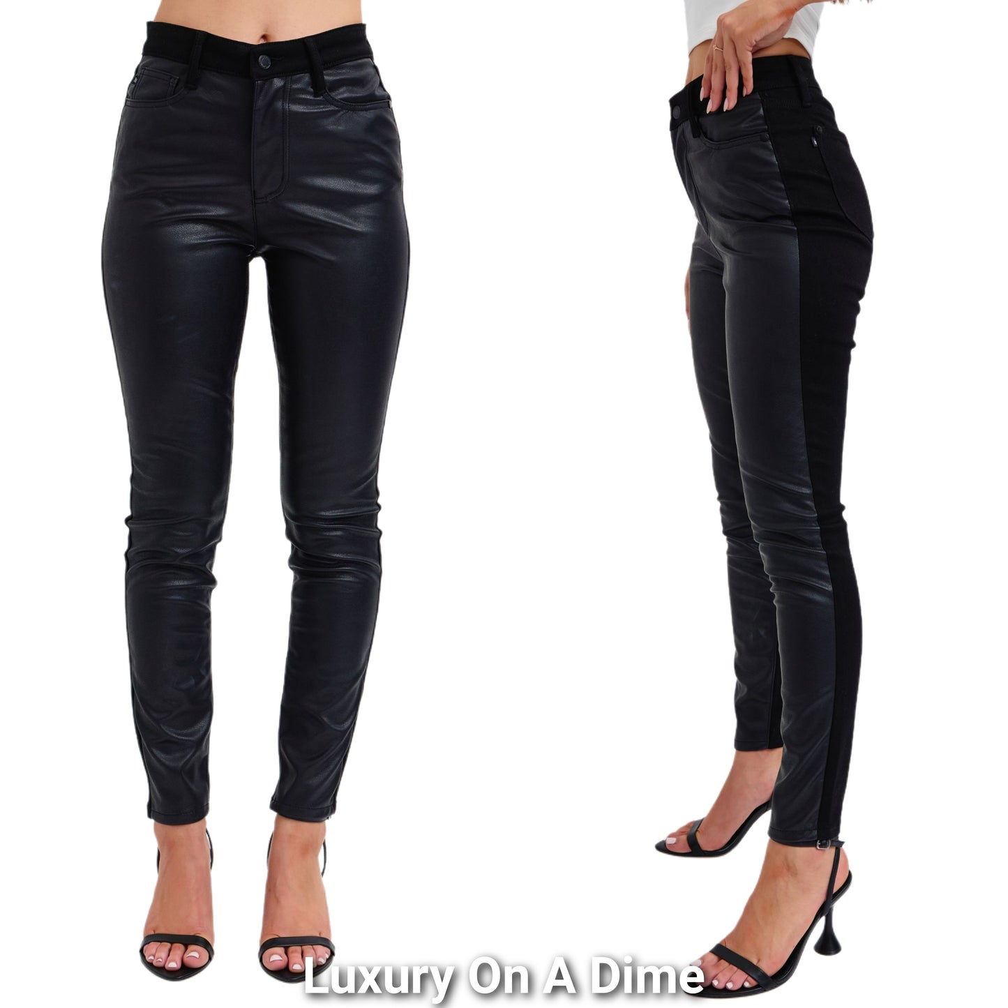 Judy Blue Split Vegan Faux Leather Black Denim Mixed Construction Skinny Jeans Pants Plus Size