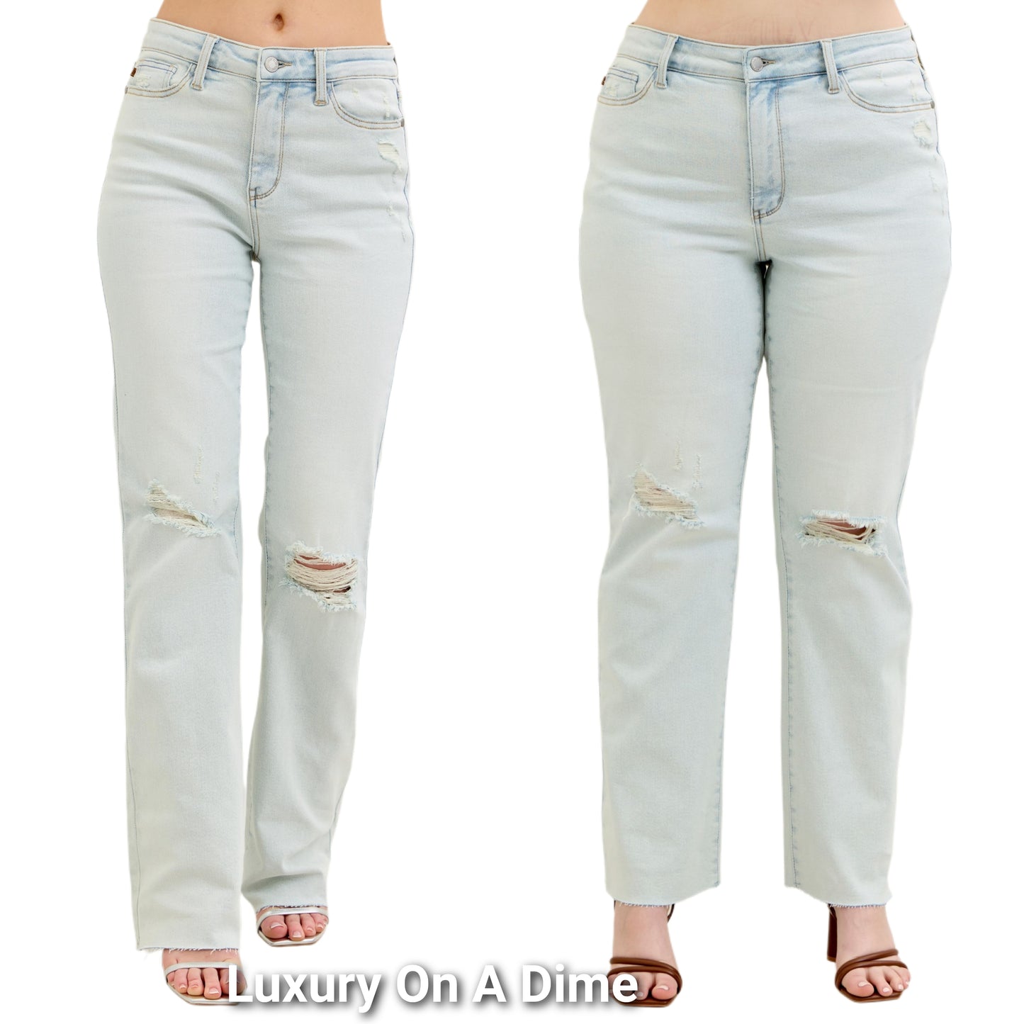 Judy Blue High-Rise Bootcut Jeans Relaxed Distressed Torn Knee Hole Denim Pants Plus Size Available