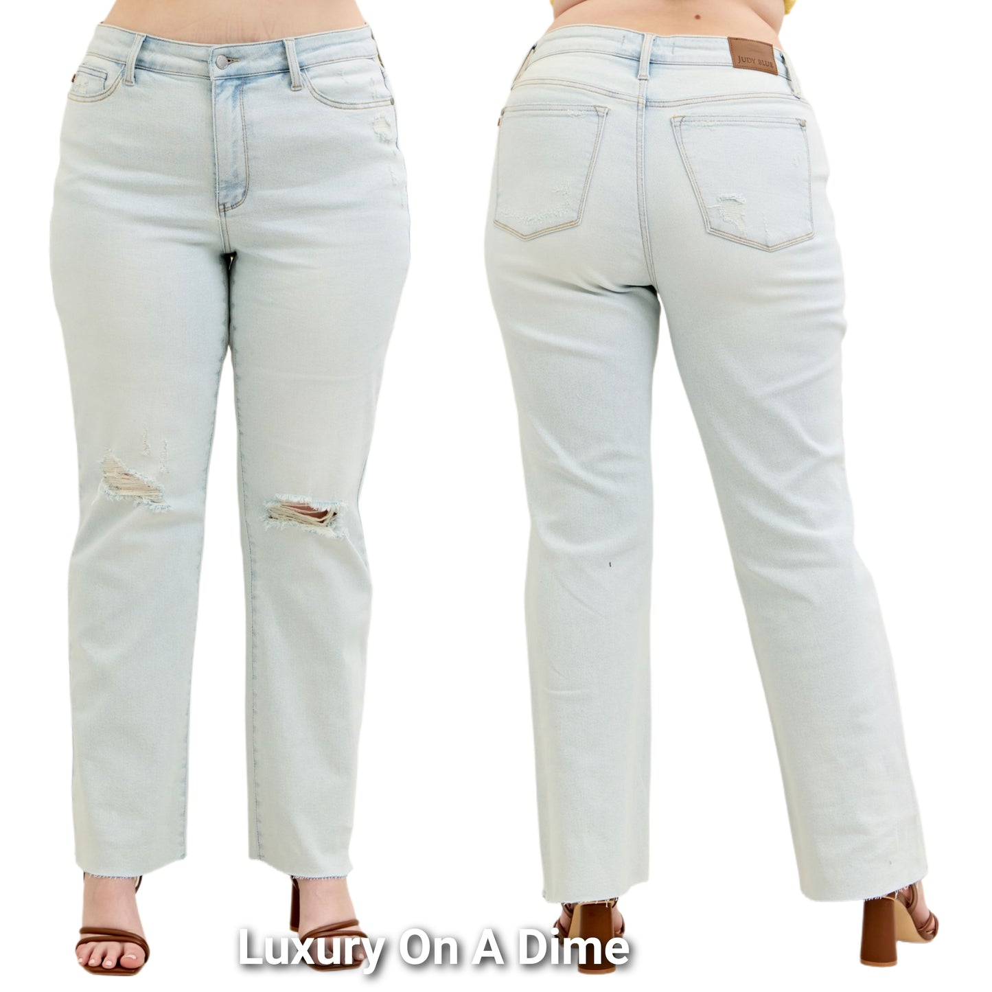 Judy Blue High-Rise Bootcut Jeans Relaxed Distressed Torn Knee Hole Denim Pants Plus Size Available
