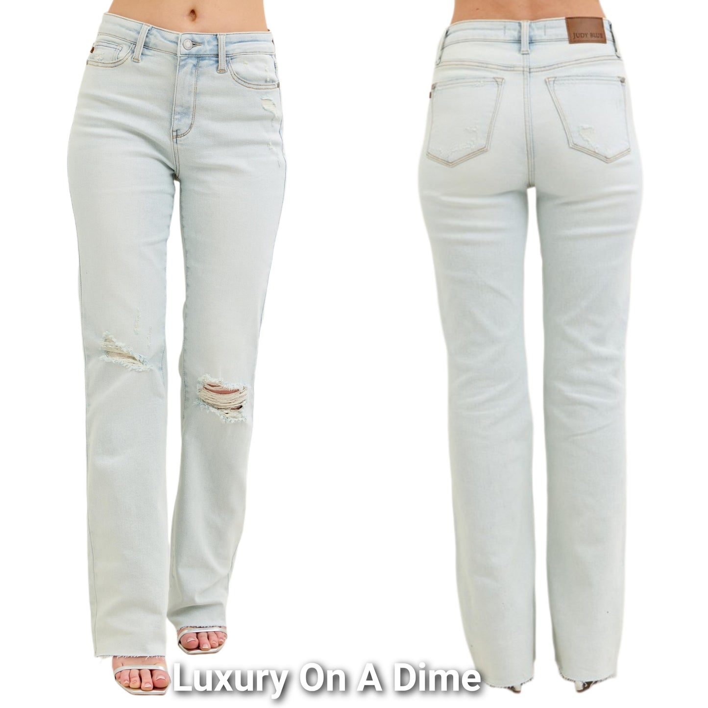 Judy Blue High-Rise Bootcut Jeans Relaxed Distressed Torn Knee Hole Denim Pants Plus Size Available
