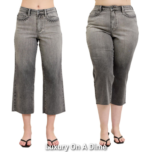 Judy Blue High-Rise Embroidered Hip Wide Leg Capri Pants Relaxed Fit Denim Jeans Plus Size Available