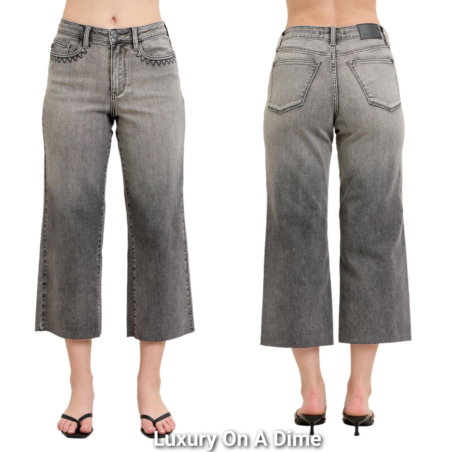Judy Blue High-Rise Embroidered Hip Wide Leg Capri Pants Relaxed Fit Denim Jeans Plus Size Available