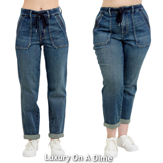Judy Blue High-Rise Drawstring Boyfriend Pants Straight Tapered Cuff Denim Jeans Plus Size Available