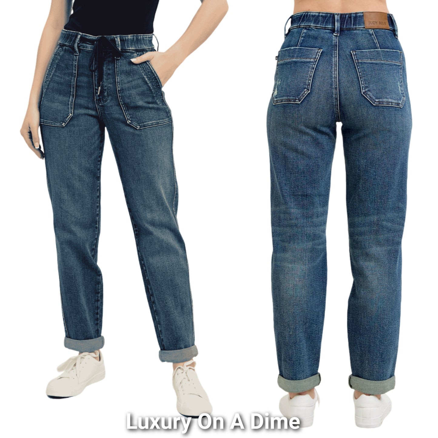 Judy Blue High-Rise Drawstring Boyfriend Pants Straight Tapered Cuff Denim Jeans Plus Size Available