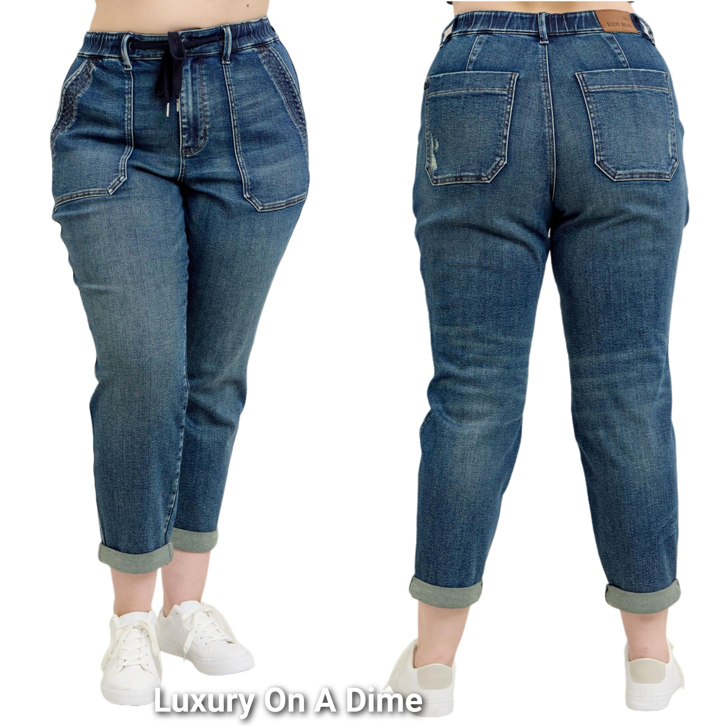 Judy Blue High-Rise Drawstring Boyfriend Pants Straight Tapered Cuff Denim Jeans Plus Size Available