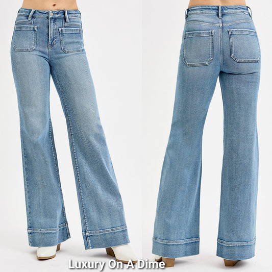 RISEN High-Rise Retro 70s Flare Leg Wide Released Hem Pants Slim Fit Denim Jeans Plus Size Available