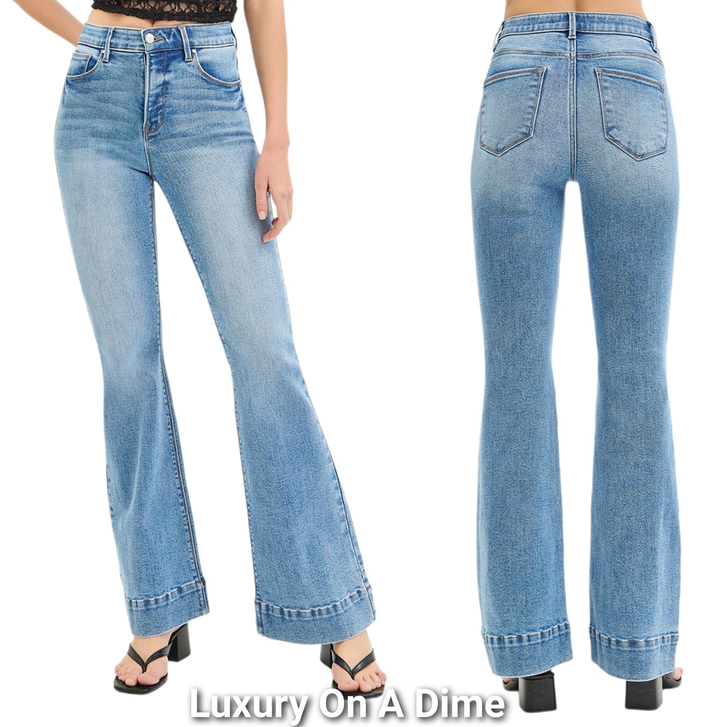 RISEN Elastic Band High-Rise Slim Fit Tummy Control Flare Leg Pants Denim Jeans Plus Size Available