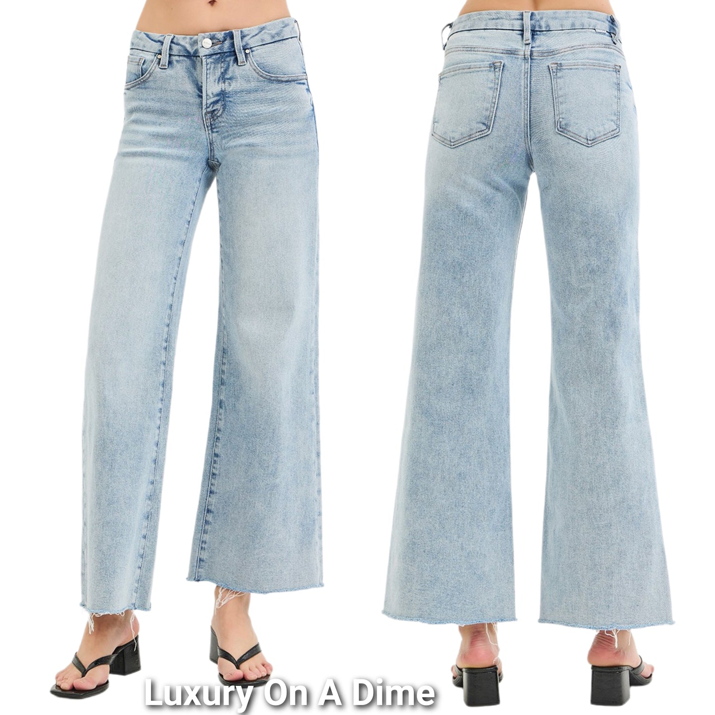 RISEN Low-Rise Tummy Control Waist Wide Leg Pants Cropped Raw Hem Denim Jeans Plus Size Available