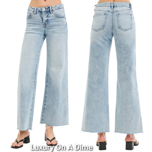 RISEN Low-Rise Tummy Control Waist Wide Leg Pants Cropped Raw Hem Denim Jeans Plus Size Available