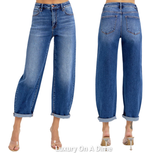 RISEN Barrel Jeans High-rise Tapered Cuffed Palazzo Cropped Hem Denim Pants Plus Size Available