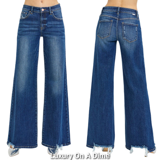 RISEN Mid-Rise Slim Fit Waist Baggy Wide Leg 70s Distressed Hem Pants Denim Jeans Plus Size Available