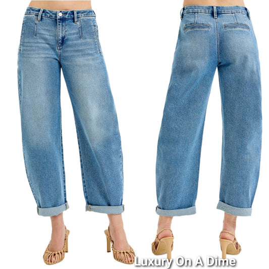 RISEN Mid-Rise Barrel Jeans Baggy Palazzo Tapered Leg Rolled Hem Denim Pants Plus Size Available