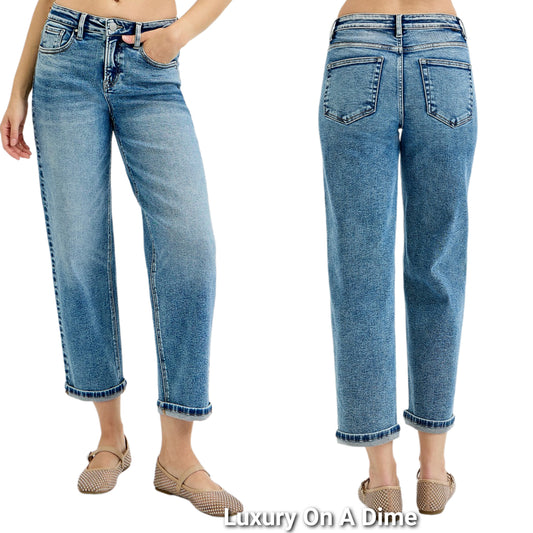 RISEN High-Rise Boyfriend Fit Jeans Ankle Cuffed Straight Leg Cropped Denim Pants Plus Size Available