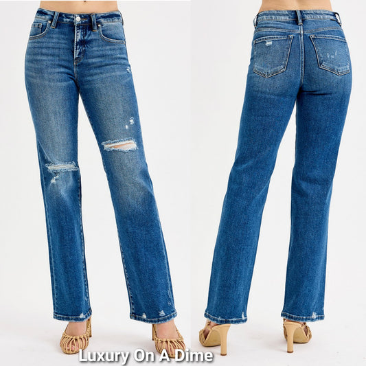 RISEN Tummy Control Slim High-Rise Distressed Straight Leg Jeans Denim Pants Plus Size Available