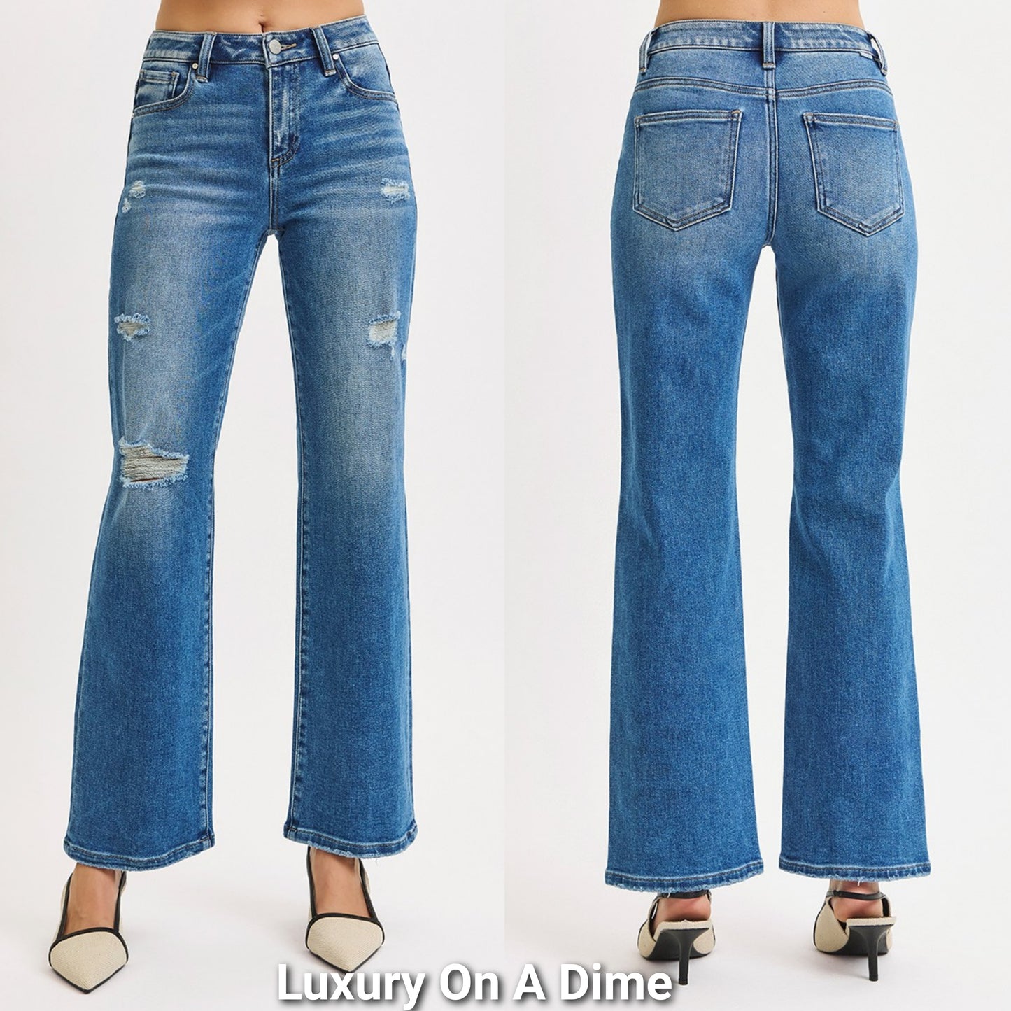 RISEN High-Rise Waist Distressed Holes Straight Leg Ankle Jeans Denim Pants Plus Size Available