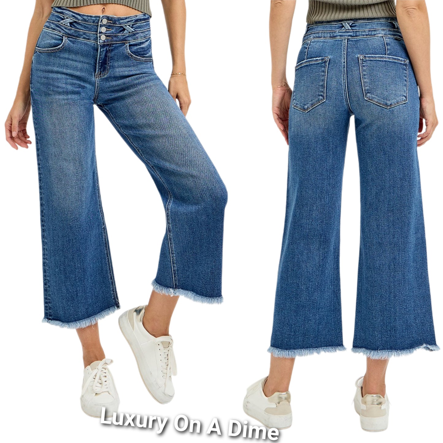 RISEN High-Rise Tripple Button Pants Baggy Wide Leg Cropped Raw Hem Denim Jeans