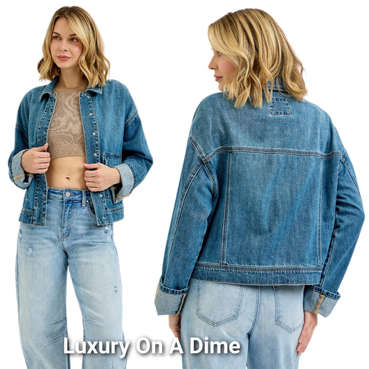 RISEN Embroidered Snap Front Oversized Boyfriend Cargo Pocket Blue Jean Denim Jacket